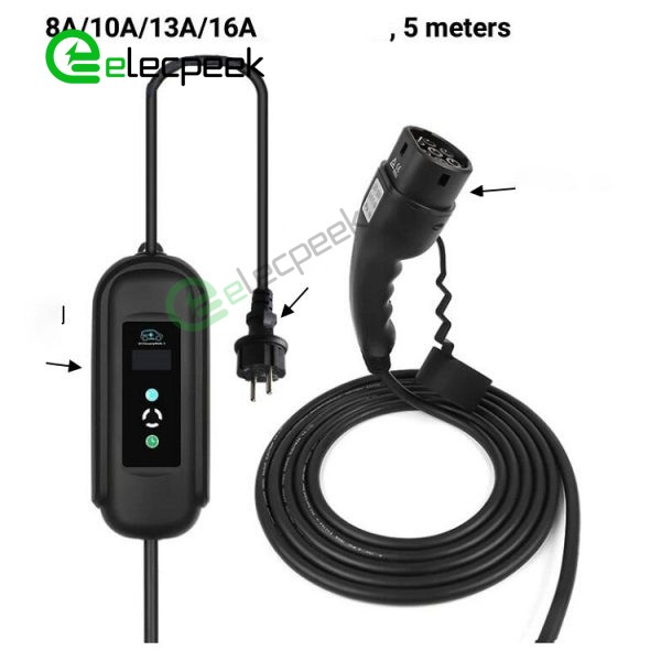 IEC 62196 Type 2 Connector Plug AC 16A 250V Single Phase EV Charger Mode 2 with 5 Meters Cable