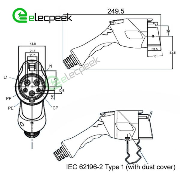 SAE J1772 Plug AC Charging Connector EV Charger 32A 240V Single-phase EV Car for Vehicle End